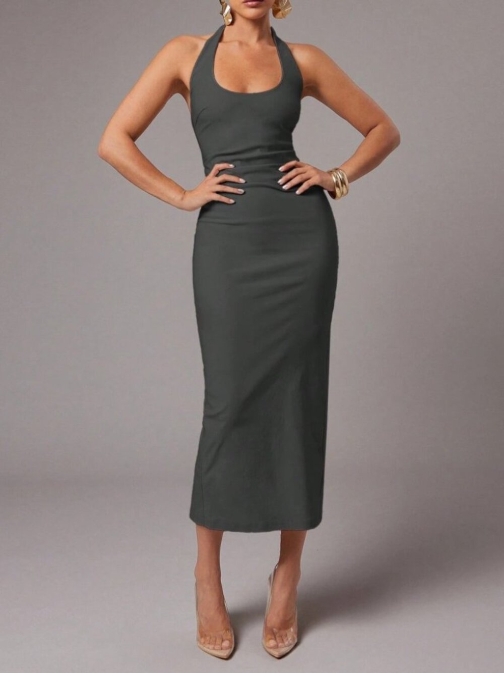 Charcoal Gray Halter Neck Midi Dress